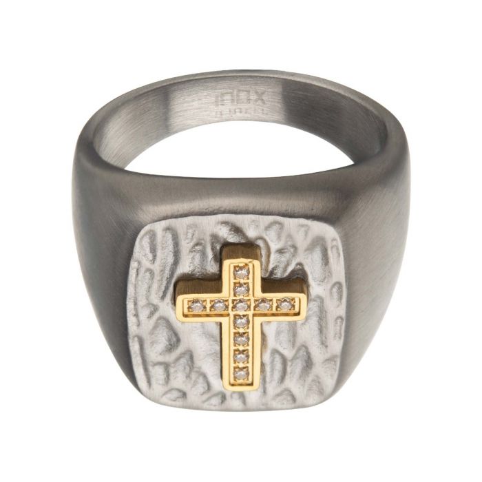 Gold Plated Cross with Clear CZs on Steel Hammered Signet Rings