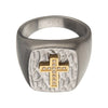 Load image into Gallery viewer, Gold Plated Cross with Clear CZs on Steel Hammered Signet Rings