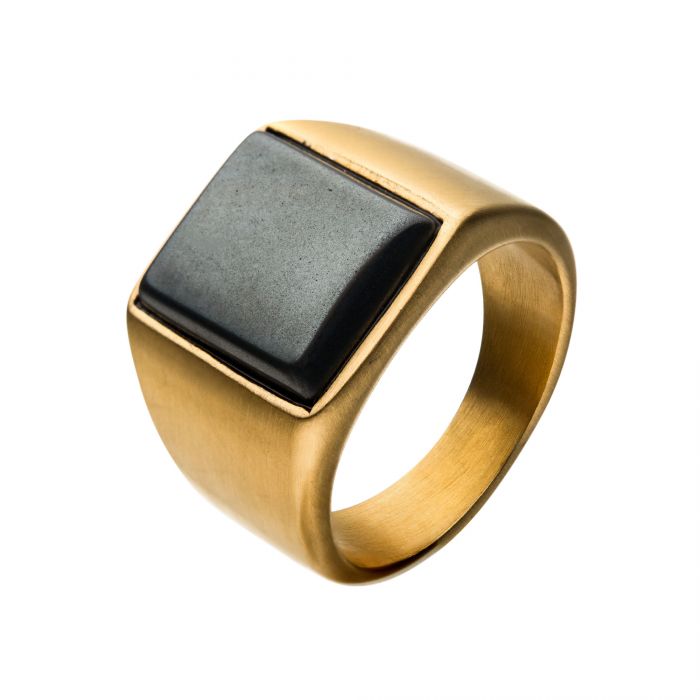 Stainless Steel Matte Gold Plated Signet Rings with Polished Hematite