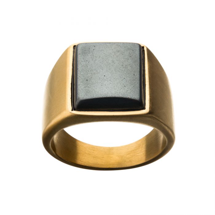 Stainless Steel Matte Gold Plated Signet Rings with Polished Hematite