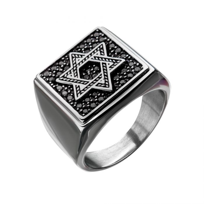 Stainless Steel with Black CZ Star of David Ring