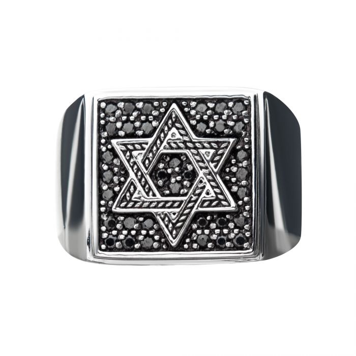 Stainless Steel with Black CZ Star of David Ring