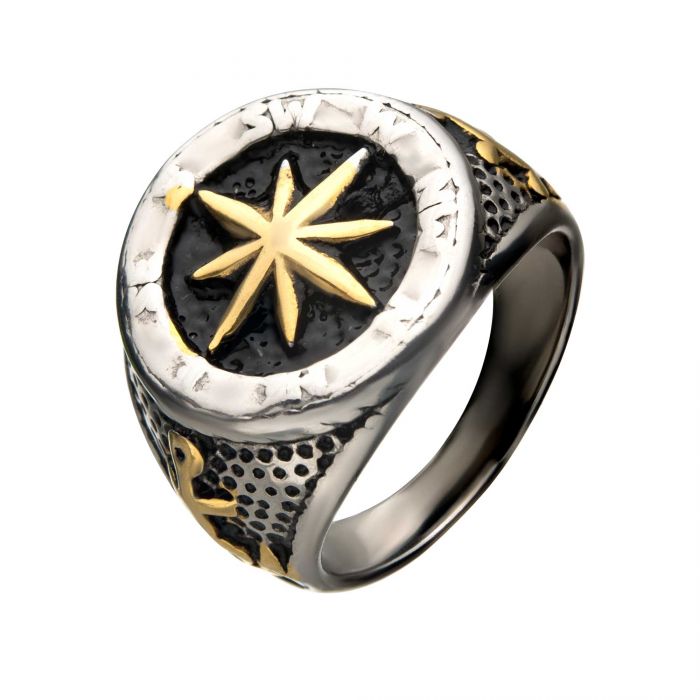 Stainless Steel Gold Plated and Black Oxidized Vintage Anchor and Compass Signet Ring