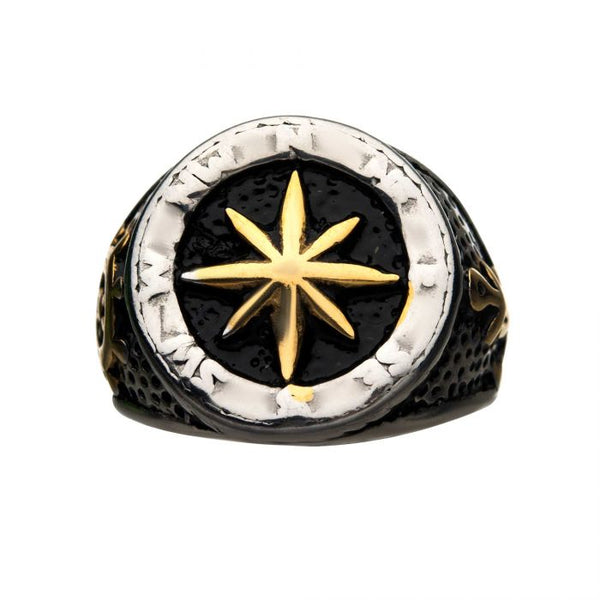 Stainless Steel Gold Plated and Black Oxidized Vintage Anchor and Compass Signet Ring