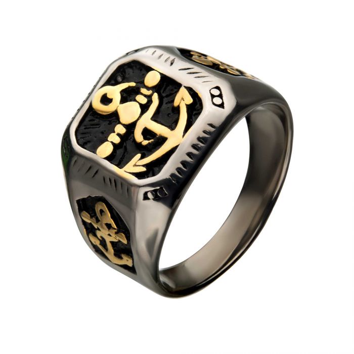 Stainless Steel Black Oxidized and Gold Plated with Vintage Anchor Signet Rings