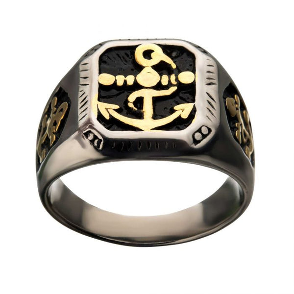 Stainless Steel Black Oxidized and Gold Plated with Vintage Anchor Signet Rings