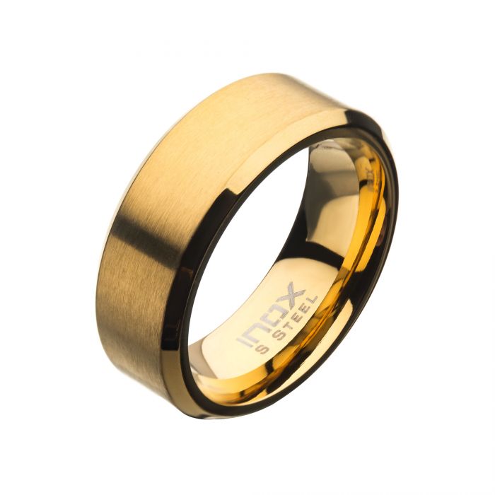 8mm Matte Stainless Steel & Gold IP Beveled Ring