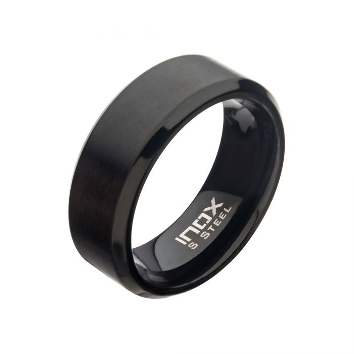 8mm Matte Stainless & Black IP Beveled Ring