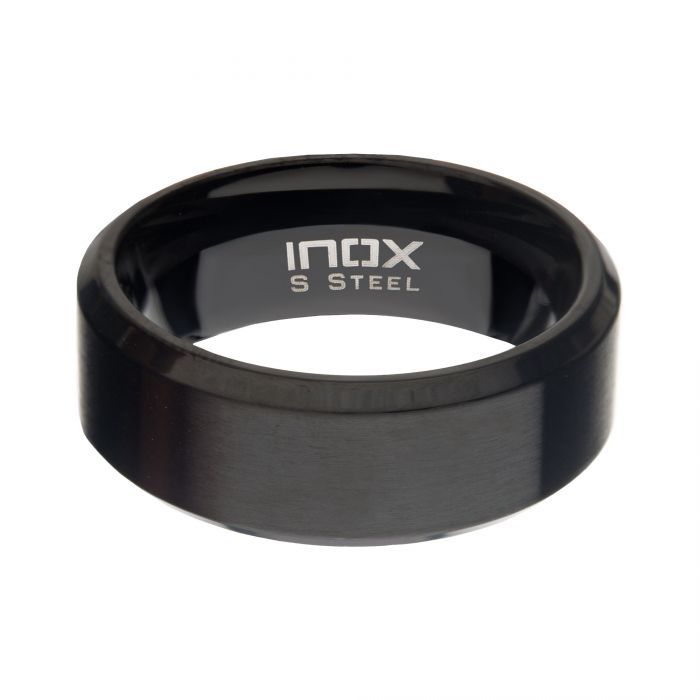 8mm Matte Stainless & Black IP Beveled Ring