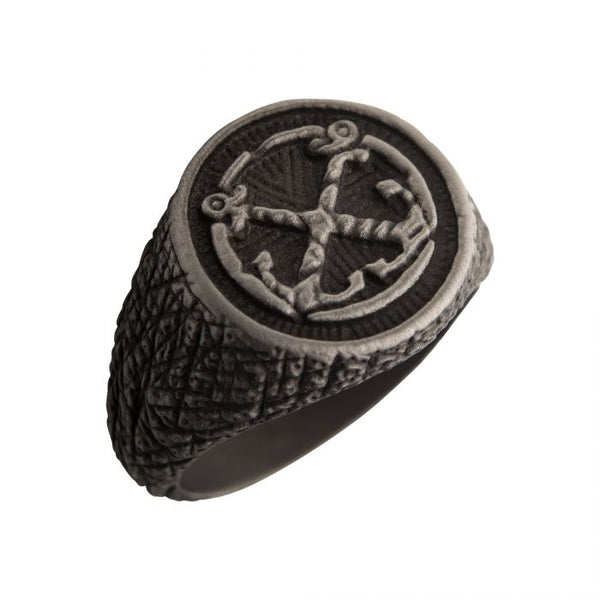 Black Plated Antique Finish Steel Anchor Inlay Ring