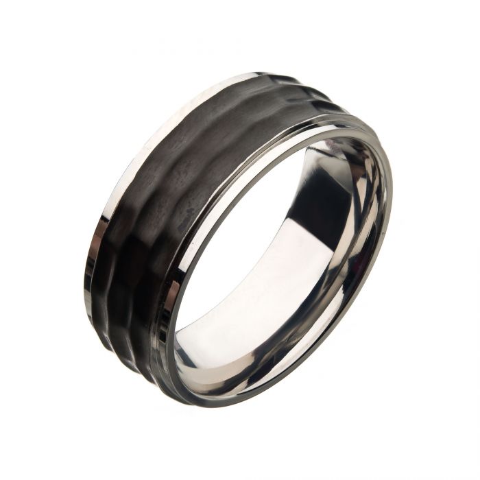 Stainless Steel with Black IP Hammered Inlay Ring