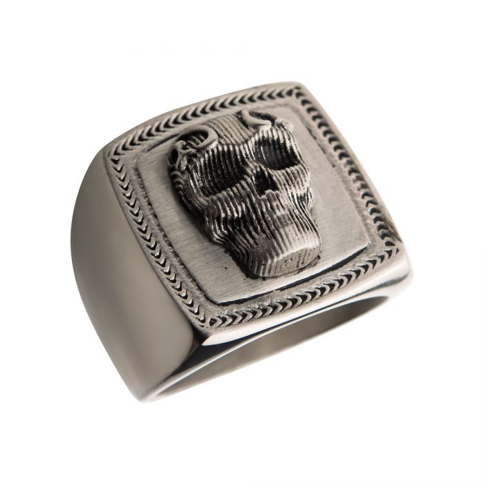 Black Oxidized Matte Finish Steel 3D Skull Ring