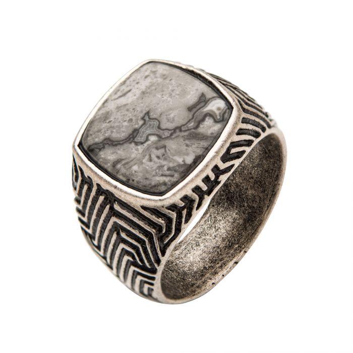 Stainless Steel Silver Plated with Gray Jasper Stone Ring