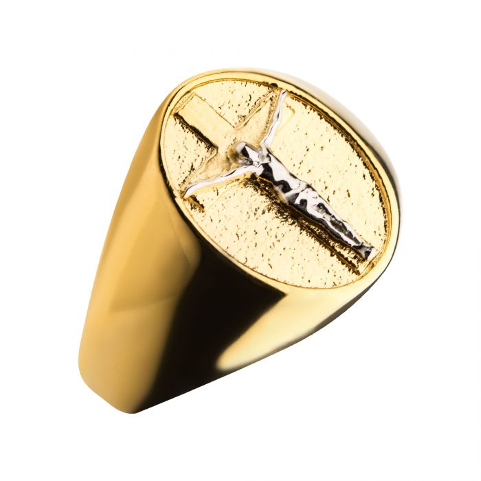 18K Gold  Plated with Silver Plated Jesus Inlay Ring