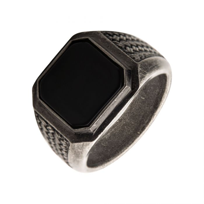 Stainless Steel Silver Plated with Black Agate Stone Ring