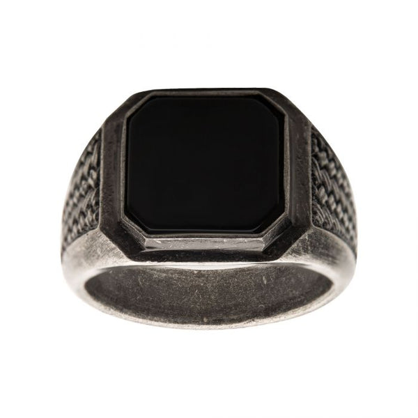 Stainless Steel Silver Plated with Black Agate Stone Ring