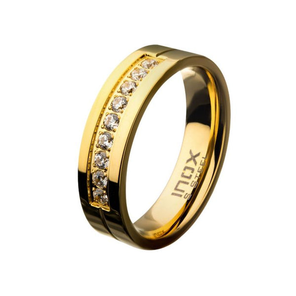 Gold PVD Plating Polished Steel ComfortFit Band with CZ's in Bead Channel Setting Ring