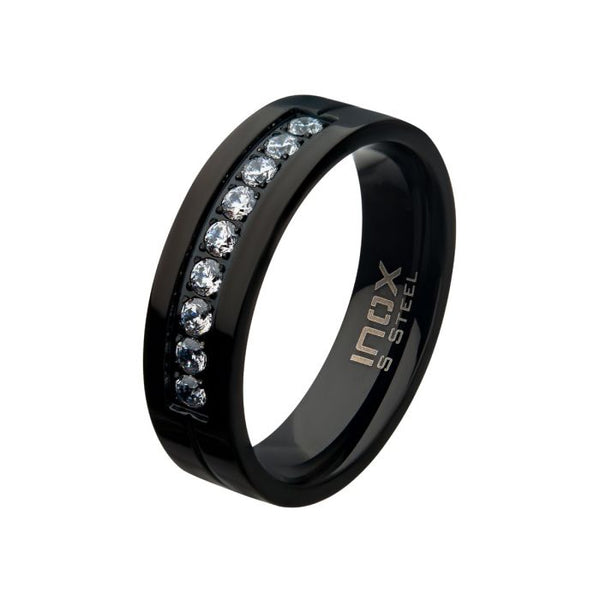 Black PVD Plating Polished Steel ComfortFit Band with CZ's in Bead Channel Setting Ring