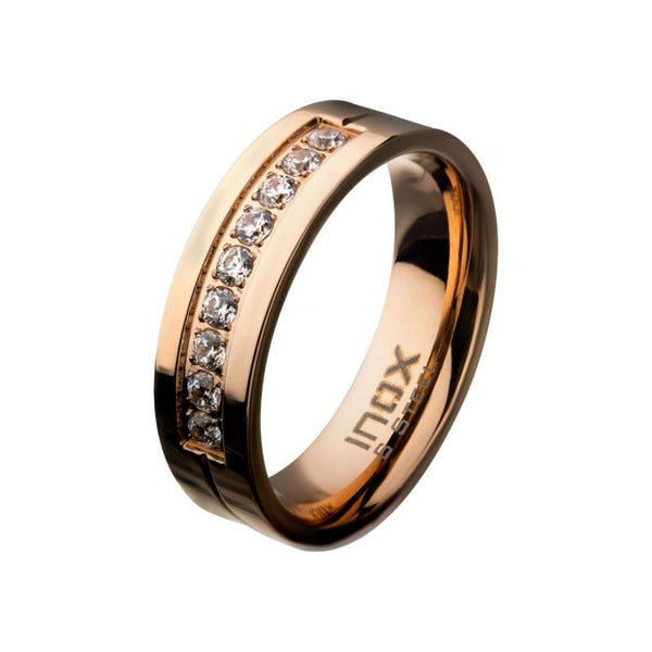 Rose Gold PVD Plating Polished Steel ComfortFit Band with CZ's in Bead Channel Setting Ring