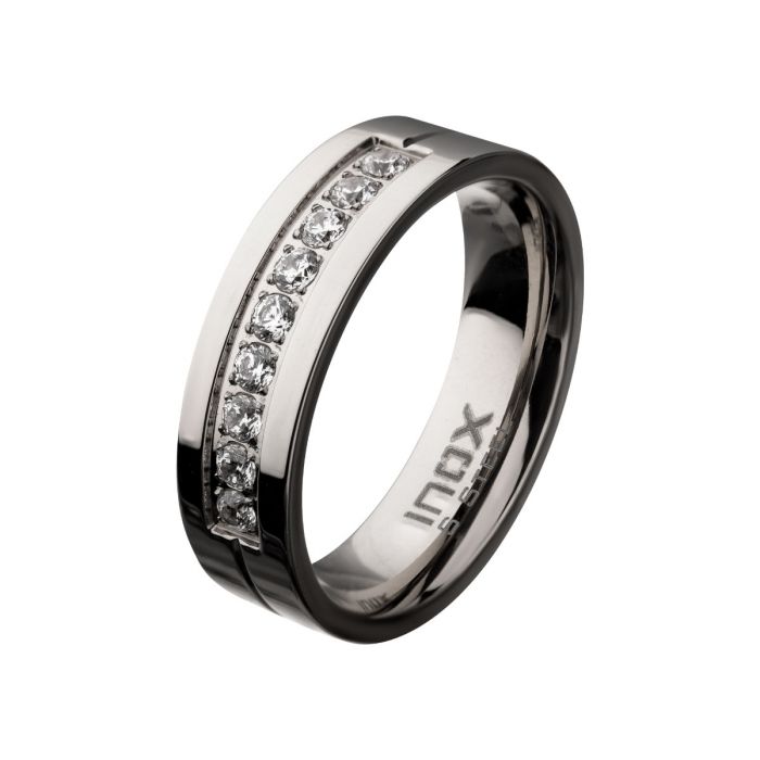 Stainless Steel Polished Steel ComfortFit Band with CZ's in Bead Channel Setting Ring