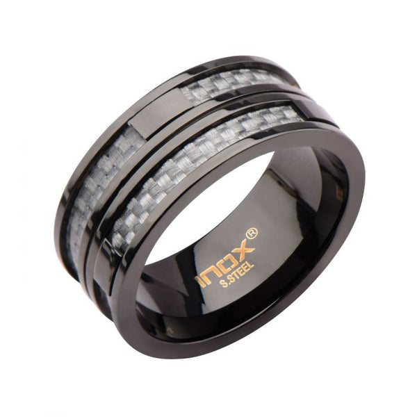 Black Plated in Two line Grey Carbon Fiber Ring