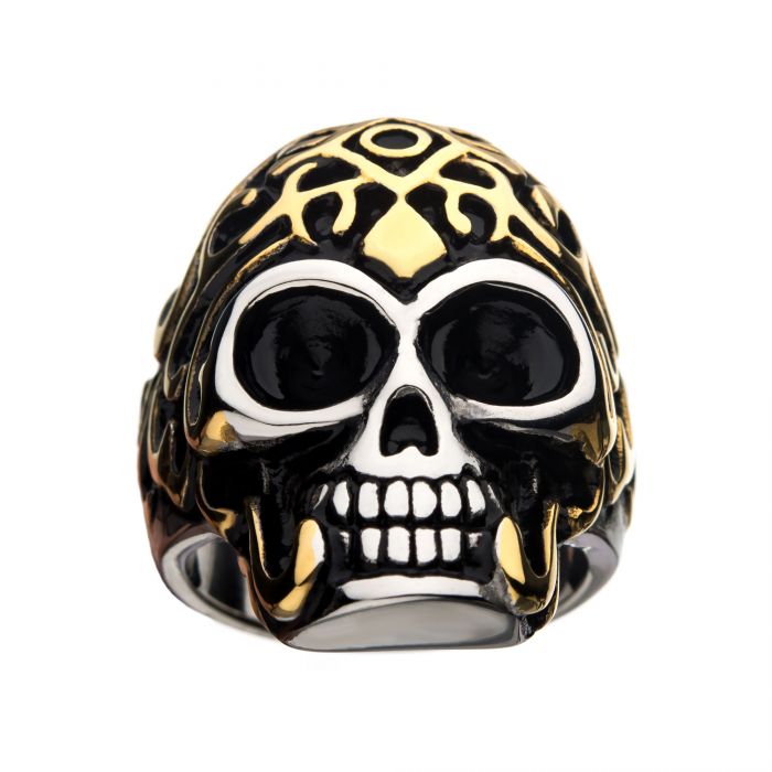 Oxidized Stainless Steel & Gold IP Skull Ring