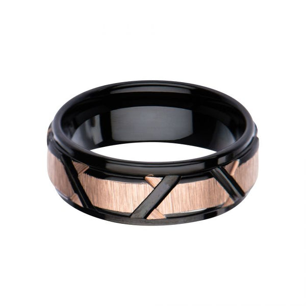 Rose Gold Plated & Black Plated Patterned Design Polished Ring