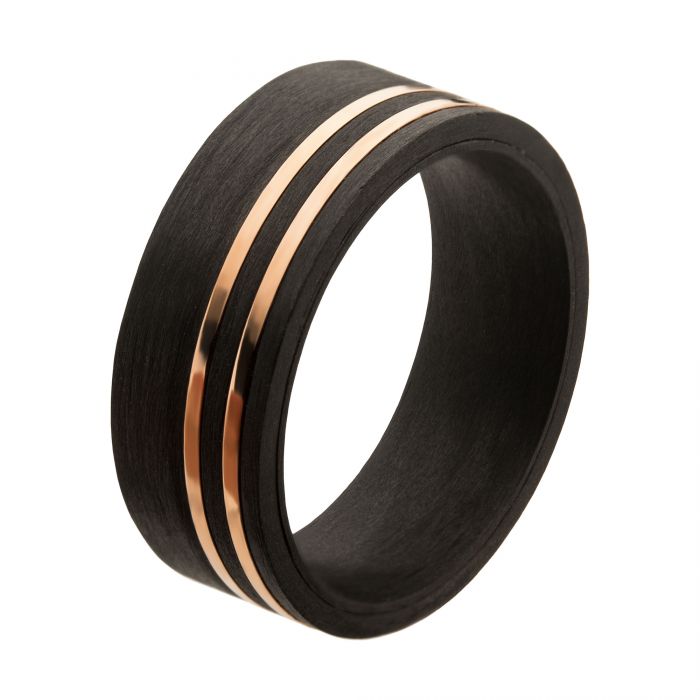 Solid Carbon with Inlayed Rose Gold Thin Lines Comfort Fit Ring