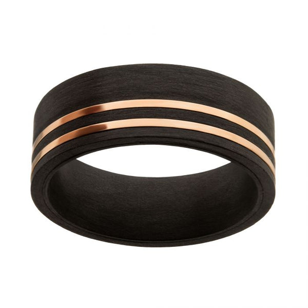 Solid Carbon with Inlayed Rose Gold Thin Lines Comfort Fit Ring