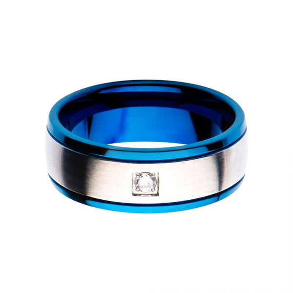 Steel and Blue Plated with Clear CZ Polished Ring