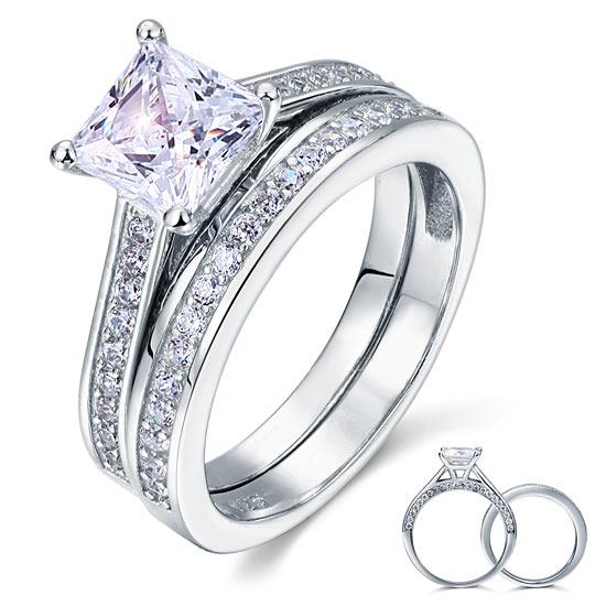 1.5 Carat Princess Cut Created Diamond 925 Sterling Silver 2-Pcs Wedding Engagem