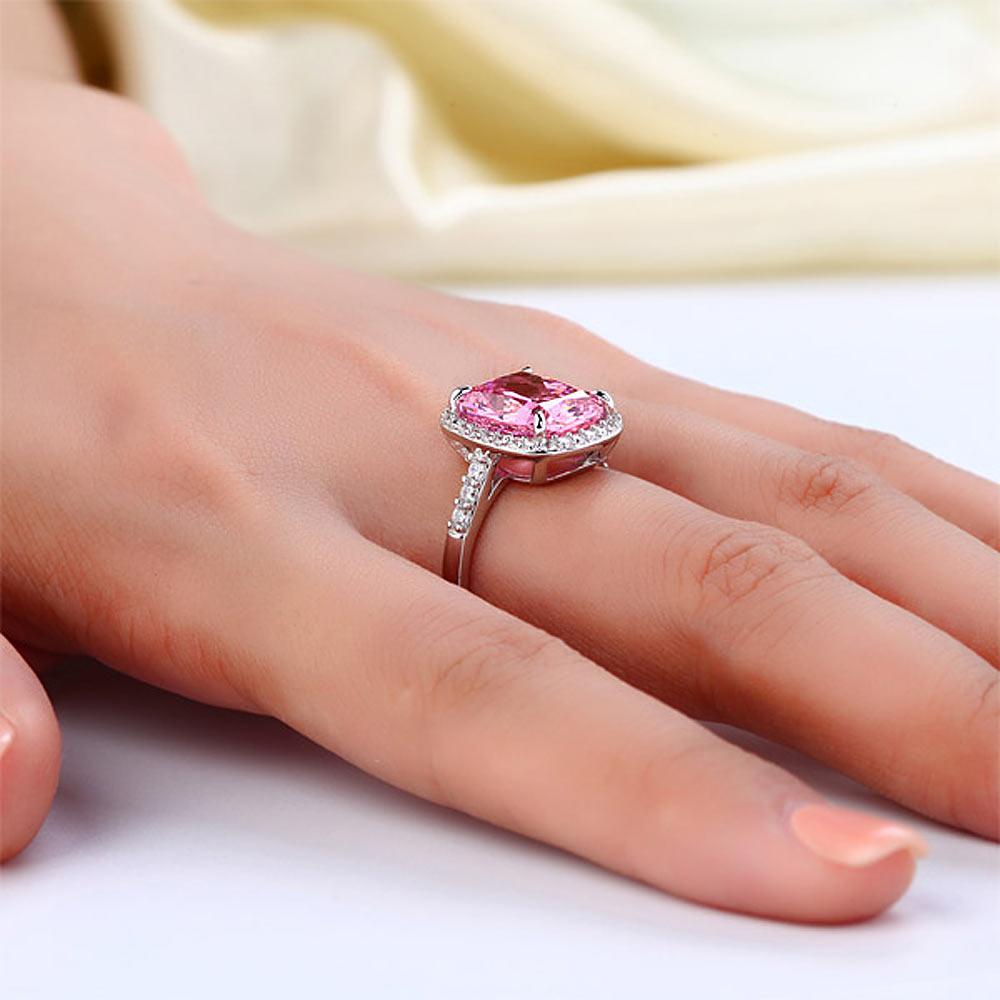 Solid 925 Sterling Silver Luxury Engagement Ring 6 Ct Cushion Fancy Pink Created