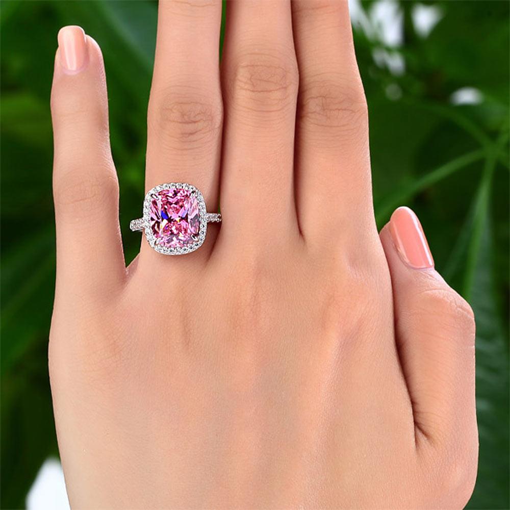 Solid 925 Sterling Silver Luxury Engagement Ring 6 Ct Cushion Fancy Pink Created