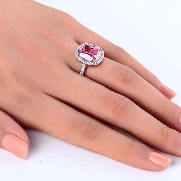 Solid 925 Sterling Silver Luxury Engagement Ring 6 Ct Cushion Fancy Pink Created