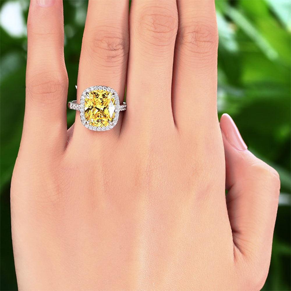 Solid 925 Sterling Silver Luxury Engagement Ring 6 ct Cushion Cut Yellow Canary
