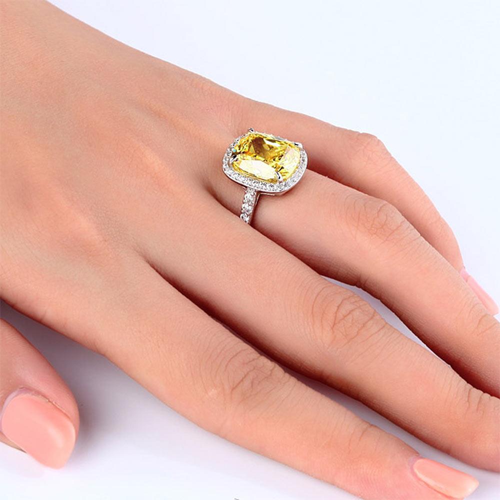 Solid 925 Sterling Silver Luxury Engagement Ring 6 ct Cushion Cut Yellow Canary