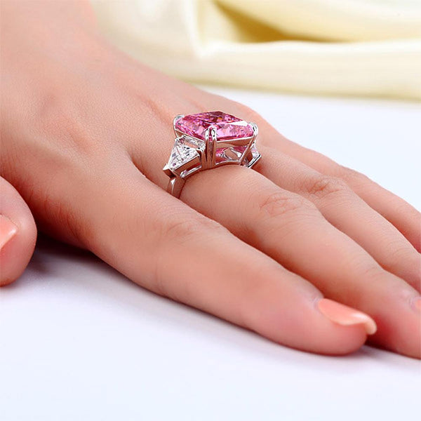 Solid 925 Sterling Silver Three-Stone Luxury Ring 8 Carat Fancy Pink Created Dia