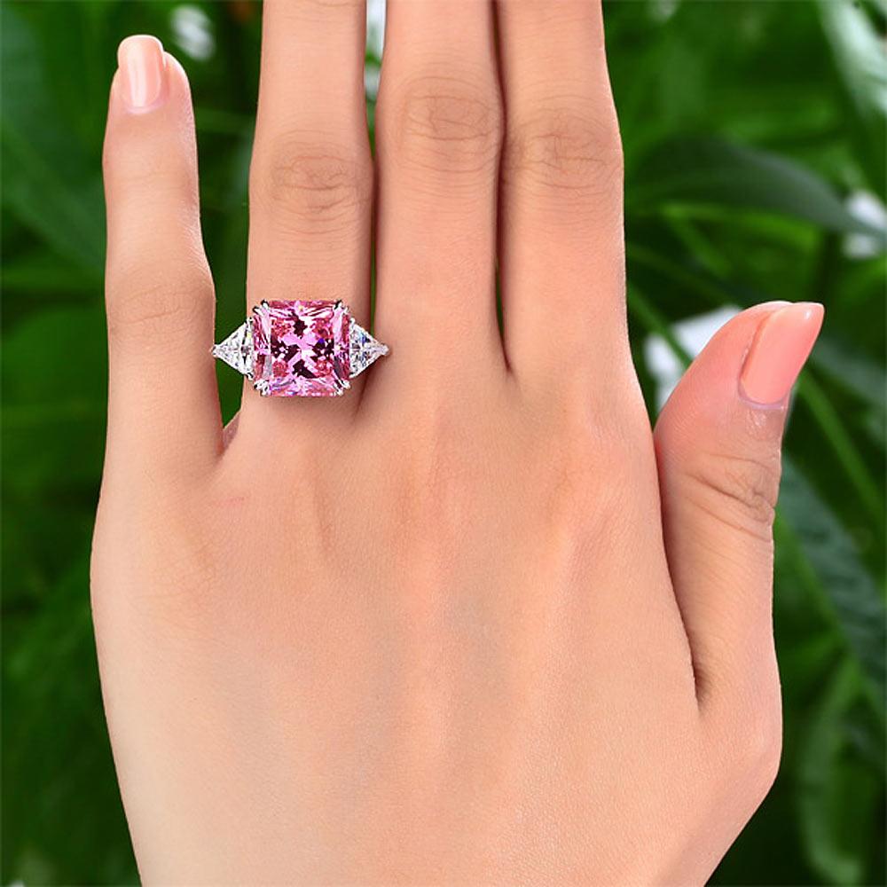 Solid 925 Sterling Silver Three-Stone Luxury Ring 8 Carat Fancy Pink Created Dia