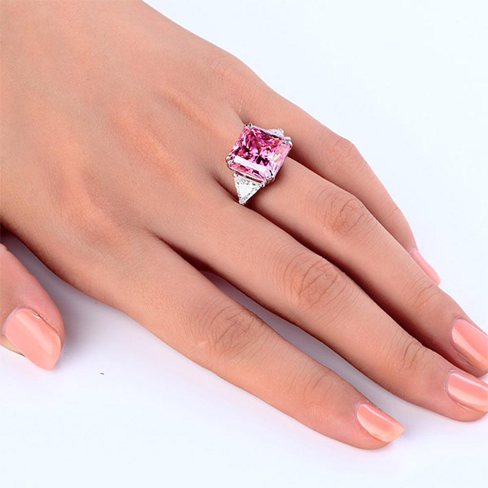 Solid 925 Sterling Silver Three-Stone Luxury Ring 8 Carat Fancy Pink Created Dia