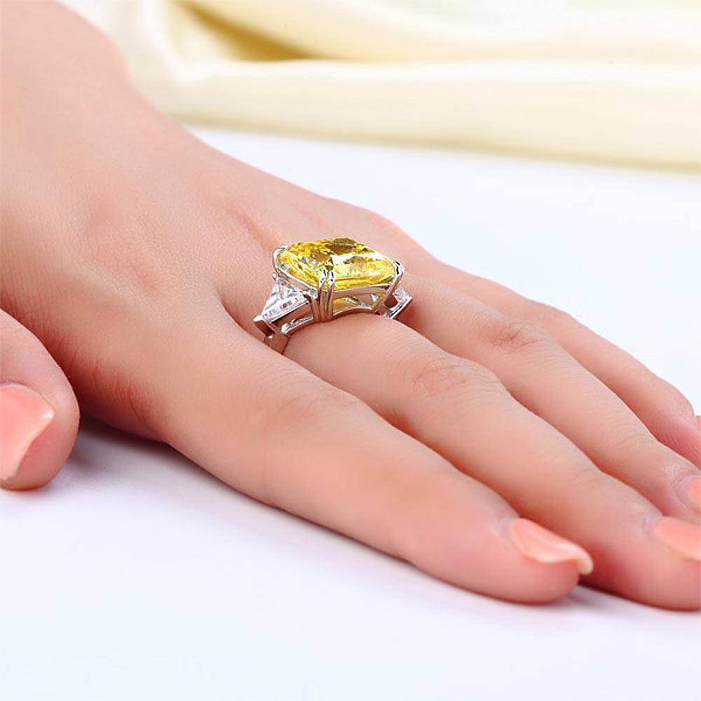 Solid 925 Sterling Silver Three-Stone Luxury Ring 8 Carat Yellow Canary Created