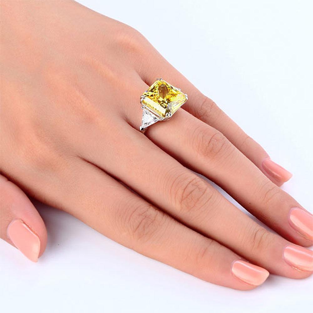 Solid 925 Sterling Silver Three-Stone Luxury Ring 8 Carat Yellow Canary Created