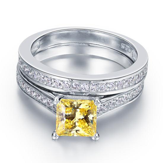 1.5 Ct Princess Cut Yellow Canary Solid 925 Sterling Silver 2-Pcs Wedding Ring S