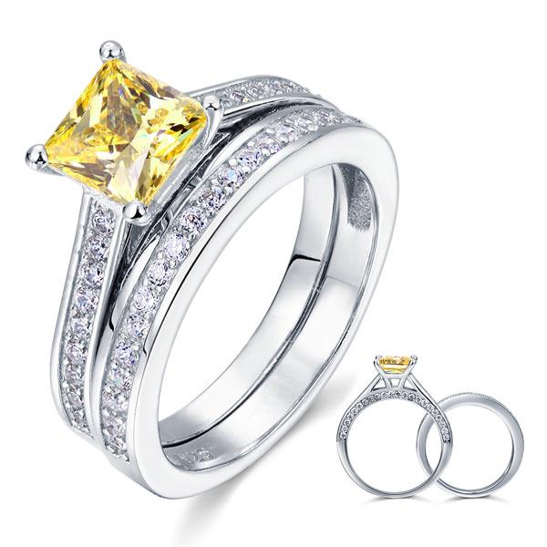 1.5 Ct Princess Cut Yellow Canary Solid 925 Sterling Silver 2-Pcs Wedding Ring S