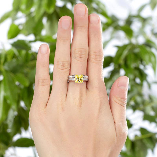 1.5 Ct Princess Cut Yellow Canary Solid 925 Sterling Silver 2-Pcs Wedding Ring S