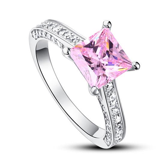 1.5 Carat Princess Cut Fancy Pink Created Diamond 925 Sterling Silver Wedding En