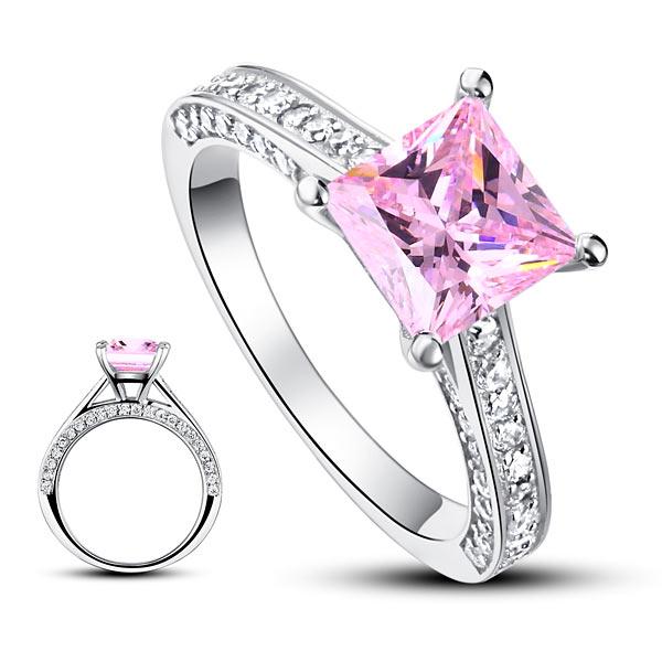 1.5 Carat Princess Cut Fancy Pink Created Diamond 925 Sterling Silver Wedding En