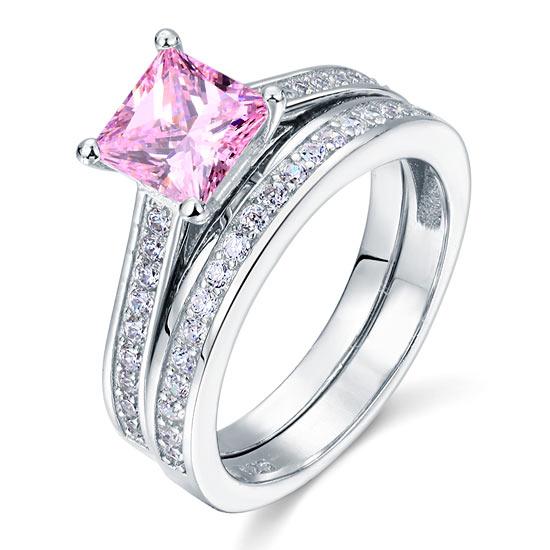 1.5 Carat Princess Cut 2-Pc Fancy Pink Created Diamond 925 Sterling Silver Weddi