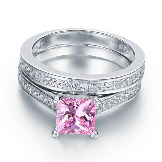 1.5 Carat Princess Cut 2-Pc Fancy Pink Created Diamond 925 Sterling Silver Weddi