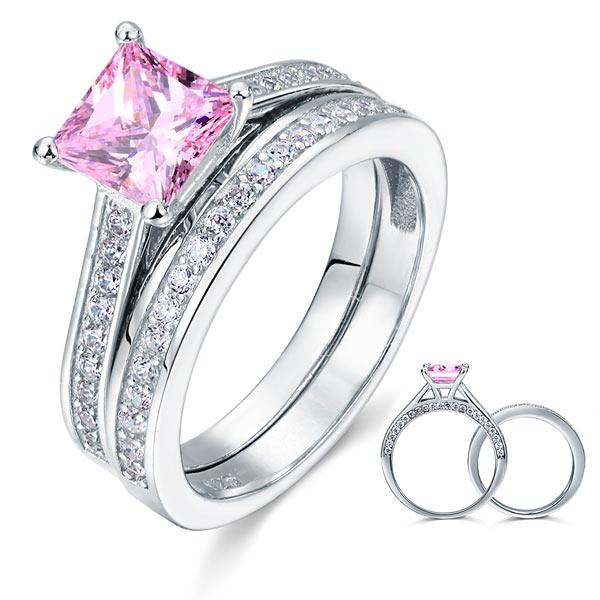 1.5 Carat Princess Cut 2-Pc Fancy Pink Created Diamond 925 Sterling Silver Weddi