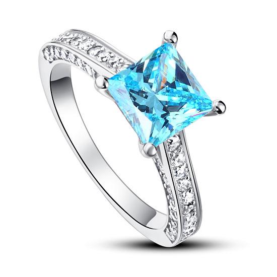 1.5 Carat Princess Cut Fancy Blue Created Diamond 925 Sterling Silver Wedding En